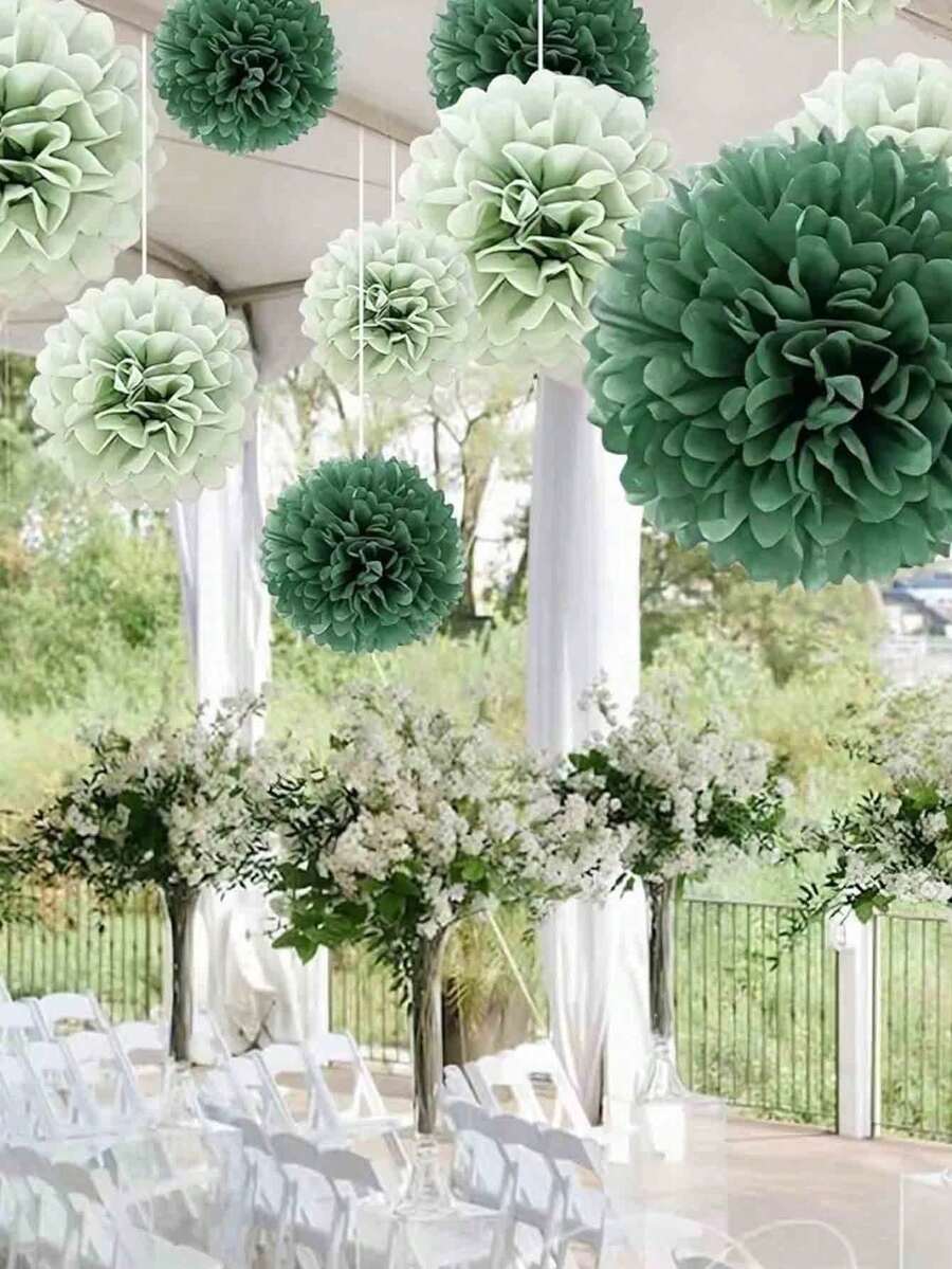 32/20/12件組婚禮派對紙花球裝飾,鼠尾草綠與獵人深綠漸層紙花,適用婚禮、生日、新娘婚前派對、嘉年華、花園派對與房間背景裝飾,大型懸掛派對裝飾,婚禮裝飾,節日活動配件 - 彩色 - 查看 1
