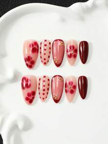 10Pcs Handmade Press On Nails, Cherry Red Almond Fake Nails, Red Flower Nail Art, Polka Dot Design, Burgundy French Tip Accent, Hand Painted Reusable Acrylic Press On Nails, Tool Kit Included, Vintage Chic Party Gift For Women - Multicolor - View 2