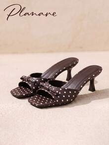 New Women's Summer Minimalist Fashion Solid Color Polka Dot Design Slip-On Square Toe Bow Decor Kitten Heel Brown Sandals, Suitable For Daily, Vacation, Beach, Dating, Women's Kitten Heel Shoes, Women's Vacation Sandals, Elegant Women's High Heels, Women's Brown Sandals, Comfortable, Brown High Heels, Women's High Heels, Women's Summer Sandals, Women's Beach Sandals - Brown - View 1