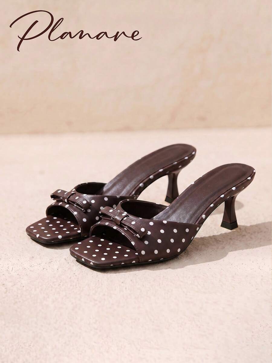 New Women's Summer Minimalist Fashion Solid Color Polka Dot Design Slip-On Square Toe Bow Decor Kitten Heel Brown Sandals, Suitable For Daily, Vacation, Beach, Dating, Women's Kitten Heel Shoes, Women's Vacation Sandals, Elegant Women's High Heels, Women's Brown Sandals, Comfortable, Brown High Heels, Women's High Heels, Women's Summer Sandals, Women's Beach Sandals - Brown - View 1