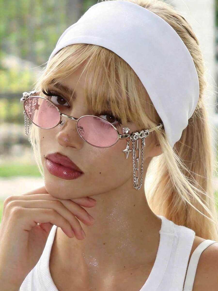 1 pieza Gafas de moda para mujer estilo Y2K con marco ovalado plateado, lentes transparentes rosa con colgante de cadena de estrella, gafas de moda para mujer de marco delgado de metal de nicho de subcultura, cadena de estrella desmontable con estilo dulce y fresco de personalidad, gafas de cadena para chica dulce y fresca, lentes rosa claro con marco plateado para decoración facial de atmósfera, gafas de moda para mujer de subcultura Y2K, marco ovalado de metal con cadena de doble capa para decoración de atuendo - Rosa - Ver 1
