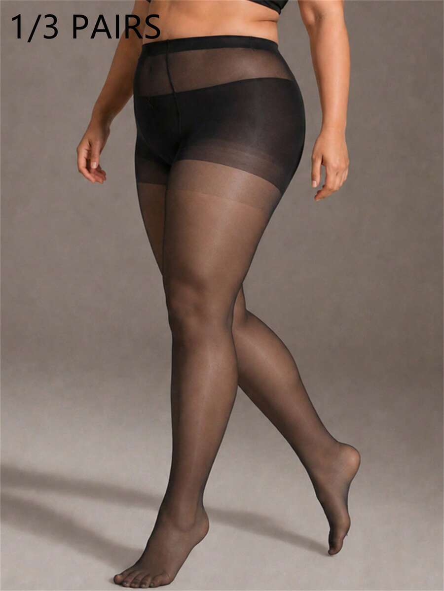 GNIM HL 1/3 Pairs Plus Size Solid Tights Pantyhose For Women High Waist Sheer Stockings For Ladies Dress Office/Daily - Black - View 1