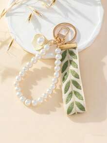 1pc Woven Faux Pearl Decor Fashion Keychain - Brown - View 5