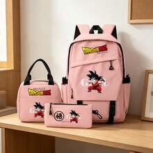 Miniso Juego de 3 piezas de mochila Dragon Ball Kid Goku en postura de lucha con bolsa de almuerzo & estuche para lápices, mochila escolar duradera y ligera - Rosa - Ver 1