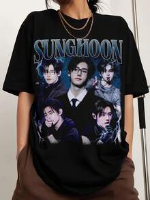 Vintage Sunghoon K-Pop Grafik-T-Shirt, Unisex Musik-Fan-Tee, Rundhals, bedrucktes Herrenmode-Kurzarm-Sport-T-Shirt - Schwarz - Übersicht 1