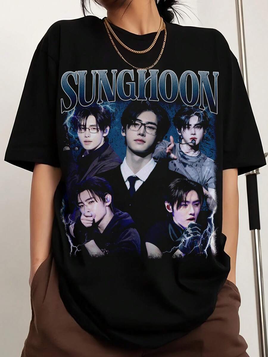 Vintage Sunghoon K-Pop Grafik-T-Shirt, Unisex Musik-Fan-Tee, Rundhals, bedrucktes Herrenmode-Kurzarm-Sport-T-Shirt - Schwarz - Übersicht 1