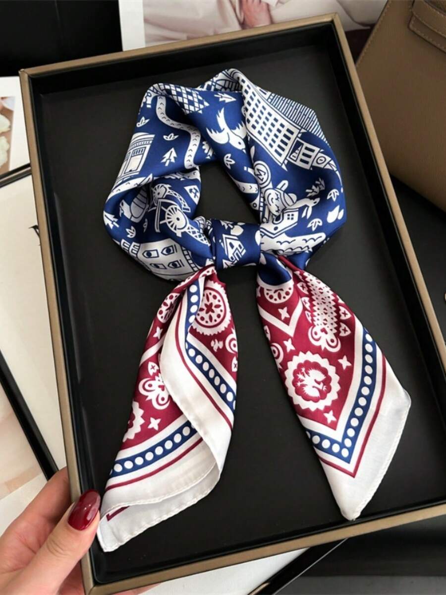 1件女款仿絲印花方巾頭巾髮帶 時尚多功能小領巾 適合日常使用 - 藍色 - 查看 1