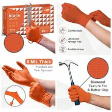 Orange 8 Mil Nitrile Gloves X Large 50 Pack - Heavy Duty Mechanic Gloves, With Diamond Grip - Powder And Latex Free Disposable Gloves - 1 - 查看 1