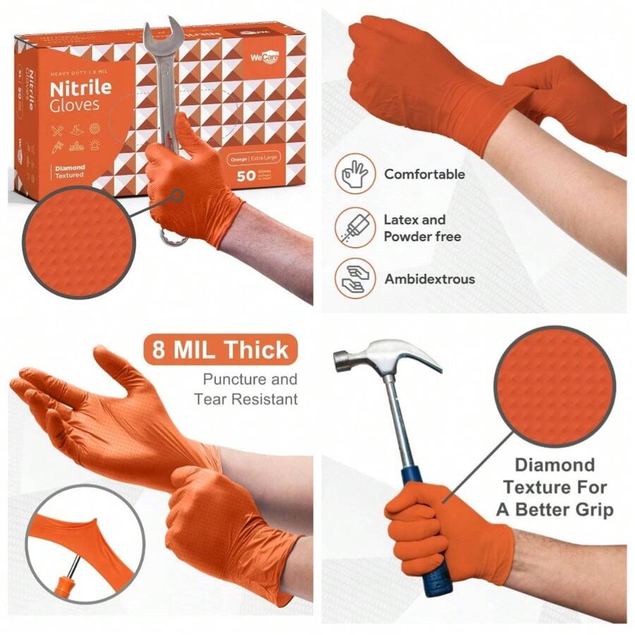 Orange 8 Mil Nitrile Gloves X Large 50 Pack - Heavy Duty Mechanic Gloves, With Diamond Grip - Powder And Latex Free Disposable Gloves - 1 - 查看 1
