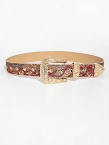 1pc Men's Western Style Matte Carved Belt, Summer Versatile Jeans Accessory, Rock Western Style Belt With Fancy Gold Buckle, Floral Jacquard Strap With Rhinestone Rivets - Multicolor - View 5