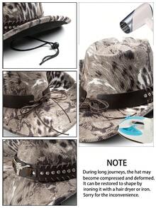 1pc Women's Original Fashionable Leopard Print Rivet Cowhide Belt Vintage Windproof Wide Brim Hat, Unisex European And American Style Western Cowboy Hat, Fashionable Minimalist Versatile Jazz Hat, Suitable For Daily Wear, Party, Western Theme Event, Gathering, Role Play, Graduation Ceremony, Costume Party, Festival, Birthday Celebration, Concert (Hat Chain Can Be Matched Individually) - Top Hat 1 - View 4