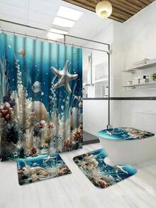 1/3/4 Pcs Starfish Bathroom Curtain Set, Creative Decorative Bathroom Set Including Waterproof Shower Curtain, Non-Slip Mat, Toilet Lid Cover, Bath Mat And 12 Plastic Hooks, Bathroom Decor, Shower Curtain Set, Home Decor, Bathroom Accessories (Please Select The Appropriate Size According To The Size Chart To Avoid Being Too Large Or Too Small) - Multicolor - View 16