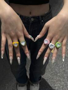1-6件法式復古愛心INS風時尚小眾設計戒指，女款高級誇張設計，適合畢業典禮、音樂節、海邊度假、生日派對、復活節、驕傲月、日、感恩節、開學季、情人節、聖誕節、新年、日常配戴與送禮 - 彩色 - 查看 2
