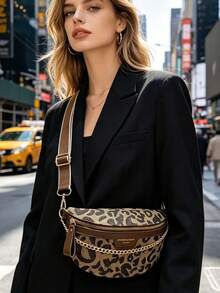 Leopard Print Waist Bag With Chain Decoration, Adjustable Wide Strap Crossbody Waist Bag For Women, Casual Chest Bag For Daily And Travel - Brown - View 2