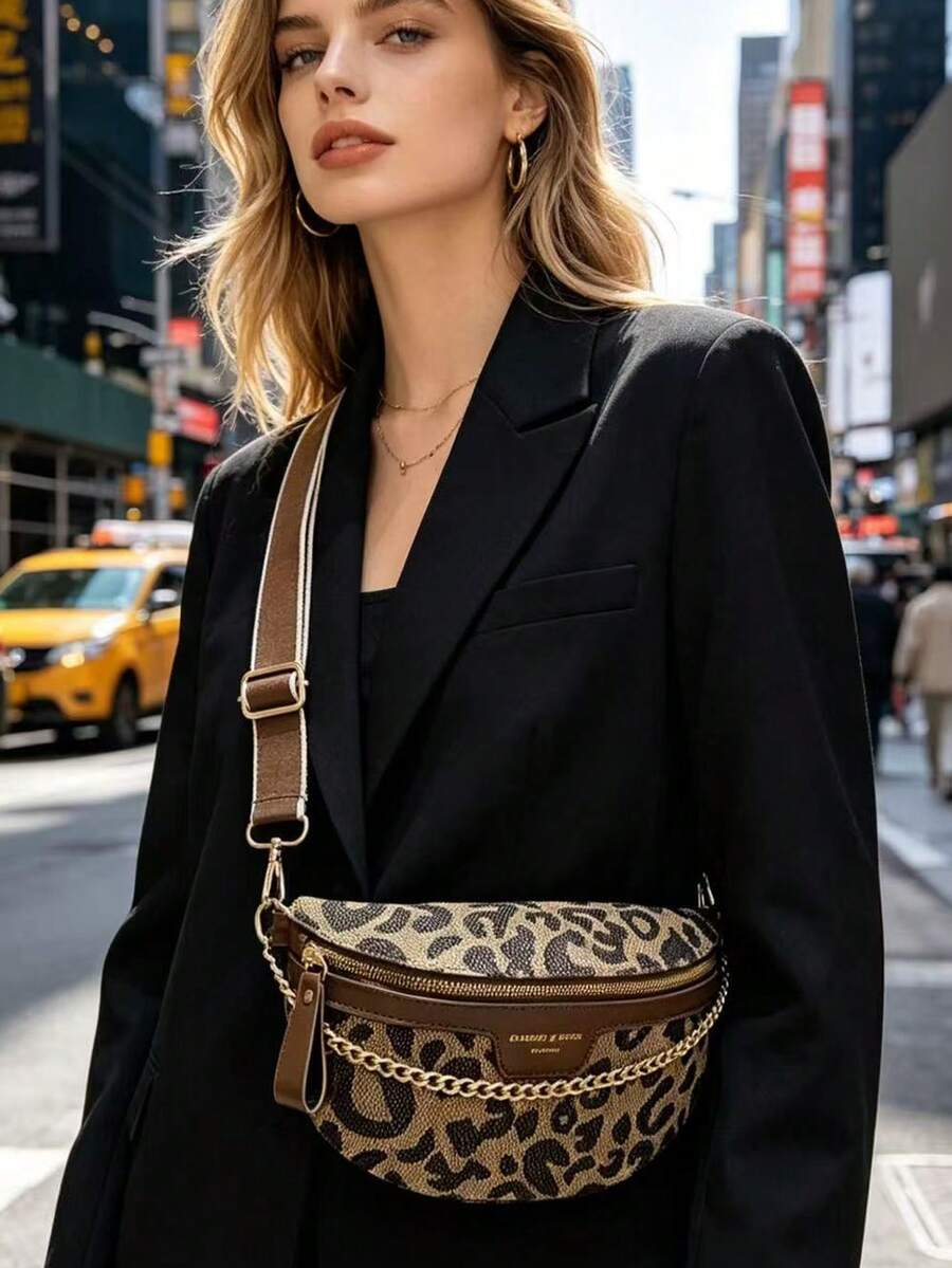 Leopard Print Waist Bag With Chain Decoration, Adjustable Wide Strap Crossbody Waist Bag For Women, Casual Chest Bag For Daily And Travel