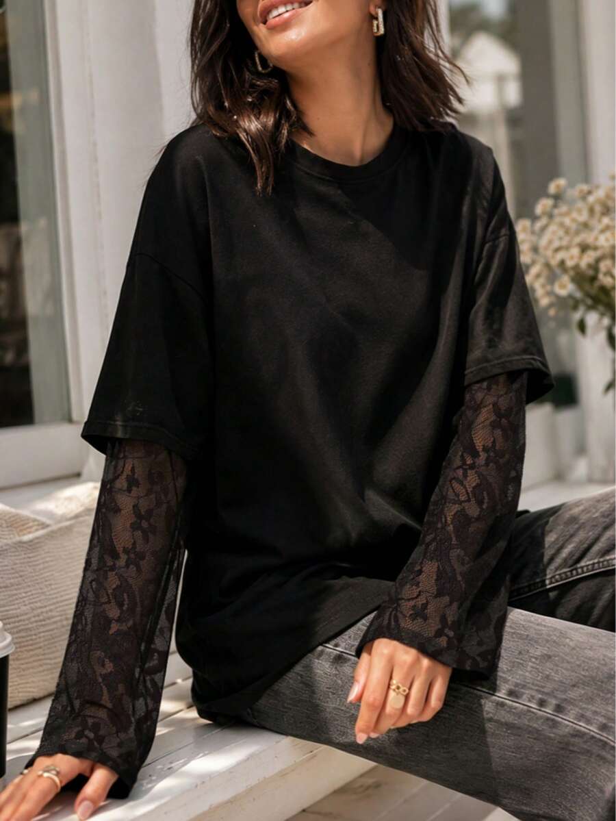 1件女款黑色純色春夏秋日常休閒購物派對舒適時尚寬鬆慵懶通勤返校季公園音樂節蕾絲拼接長袖基本款T恤