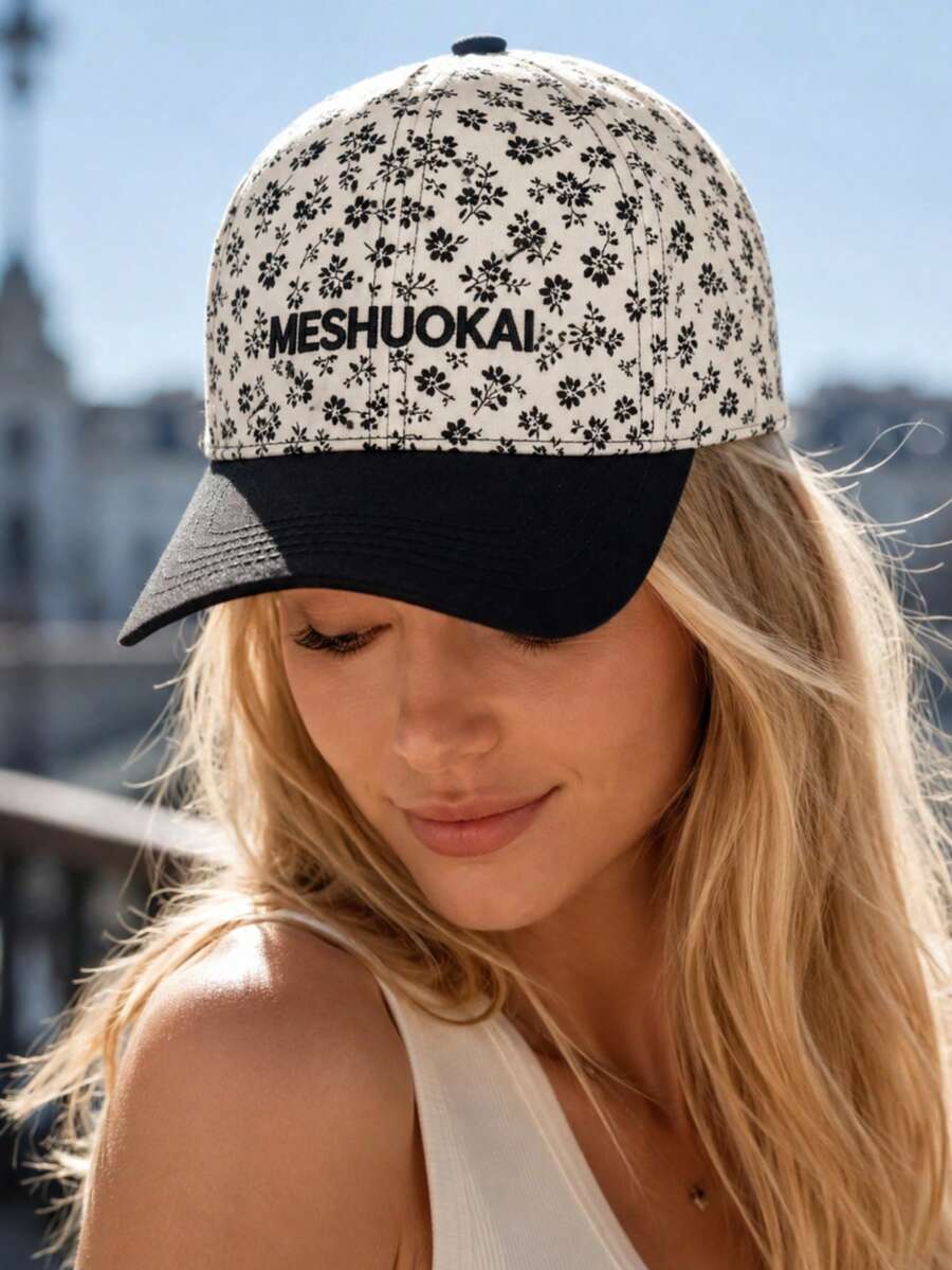 MESHUOKAI Ditsy Floral Print Letter Graphic Baseball Cap, Contrast Color Brim Adjustable Casual Sun Protection Peaked Cap For Women - A - View 1