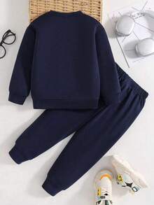Tween Boy Letter Print Crew Neck Long Sleeve Sweatshirt And Sweatpants Casual Daily Set - Royal Blue - View 2