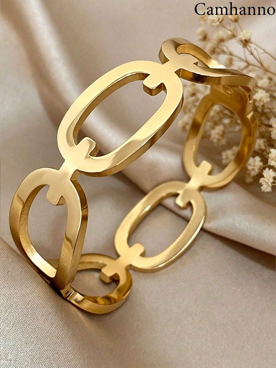 Camhanno 1pc Luxury Hollow Chain Bracelet, Stainless Steel Plated 18K Gold Anti-Fading Anti-Allergic, Geometric Chain Link Design, High-End Jewelry Suitable For Daily Commute And Dates - Gold - View 1