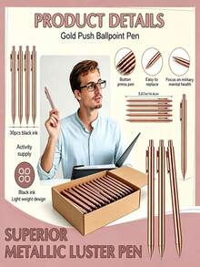 30pcs Rose Gold Round Ballpoint Pens, Bulk Retractable Black Ink Medium Tip (1.0mm) Smooth Writing Pens, Suitable For Weddings, Bridal Showers, Business Office, Teachers, Schools, Journals And Gifts, Wedding Guest Favors, School Essentials, Teacher Classroom Supplies - Sets - View 3