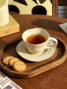 1set Vintage Sesame Matte Cup And Saucer, Wabi-Sabi Style With Rich Texture, Distressed Craftsmanship Creates A Relaxed Atmosphere. Asymmetric Shape Paired With 3D Ribbed Design, Unique And Niche. Thick And Durable Ceramic Material, Matte Frosted Texture With Delicate Touch, Suitable For Restaurant And Home. Perfect For Coffee And Tea Drinking, Unique Aesthetic And Practical, Great For Photography. - Multicolor - View 1