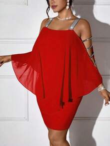 RNU Plus Size Red Rhinestone Strap Cut Out Sleeve Chiffon Overlay Bodycon Dress - Red - View 1