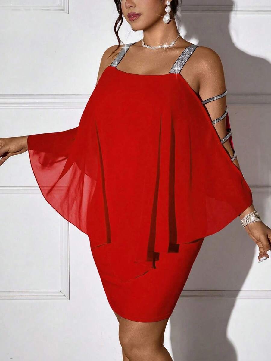RNU Plus Size Red Rhinestone Strap Cut Out Sleeve Chiffon Overlay Bodycon Dress - Red - View 1