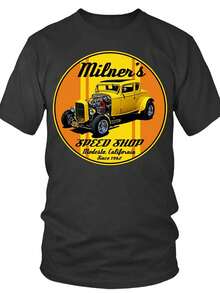 [Plus Size Graphic T-Shirt] Black Casual Plus Size Tee Featuring Vibrant Circular Gradient Graphic With Vintage Hot Rod Car, Stylish Black Script "Mil - Black - View 1