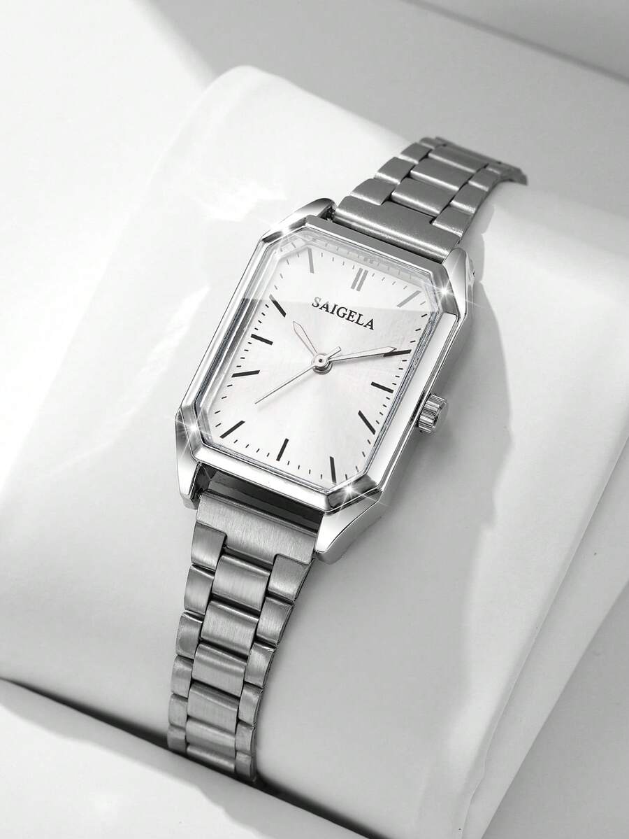 Reloj de cuarzo minimalista de plata para mujer, reloj de pulsera con esfera cuadrada delicada, accesorio versátil regalo para la mejor amiga (1 pieza/set) Caja de reloj no incluida - Plateado - Ver 1