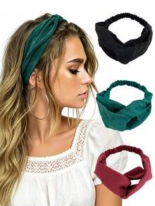 3pcs/Set Suede Velvet Headband For Women, Cross-Over Minimalist Solid Color Headband For Girls Summer Hair Accessories - Black, Green, Red - View 2