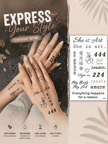 女性勵志文字臨時紋身貼紙，極簡手指與手部紋身貼花，含字母、數字、符號與美學金句 - 黑色 - 查看 8