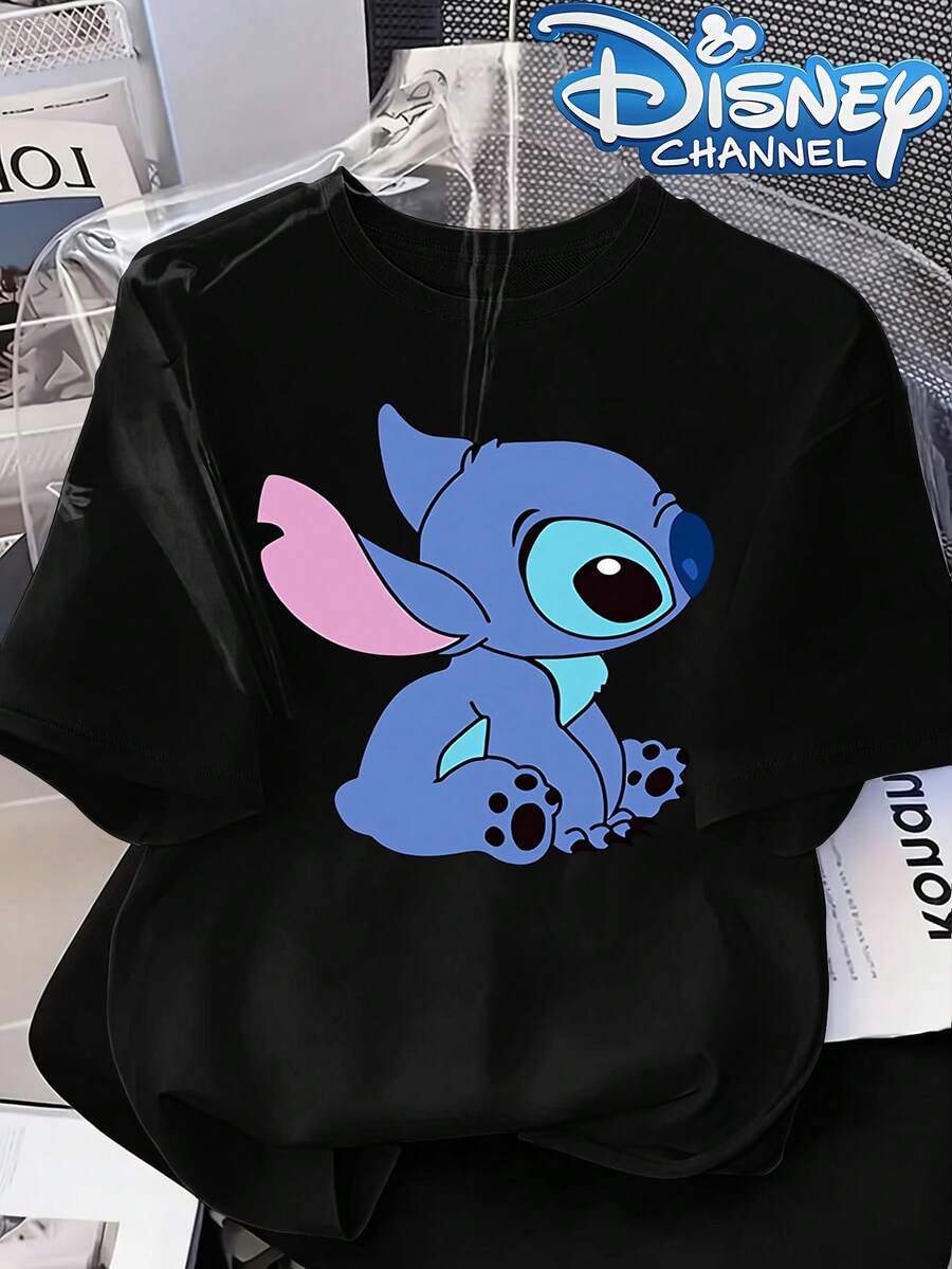 Disney Lilo & Stitch Simple Sitting Side Profile Print Crew Neck Tee, Minimalist Cute Cartoon Casual Top - Black - View 1