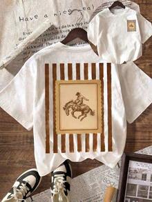 Women's Western Cowboy Style T-Shirt, Vacation T-Shirt, Summer T-Shirt, Casual Women's Round Neck Short Sleeve T-Shirt, White, Cotton T-Shirt - 白色 - 查看 13