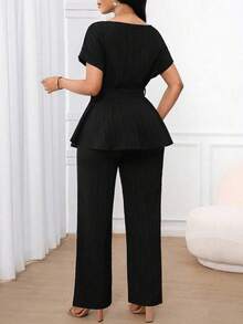 Lady Conjunto de dos piezas para mujer en color verde sólido, top de manga corta con cintura holgada y bajo en A, y pantalones rectos holgados, - verde menta - Ver 3
