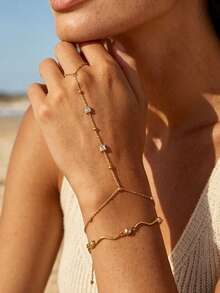 Women's Elegant Small Gold Bead Wave Style Finger Chain Bracelet Set, Zirconia Bracelet, Suitable For Travel, Vacation, Holiday Jewelry Gift - Multicolor - View 1