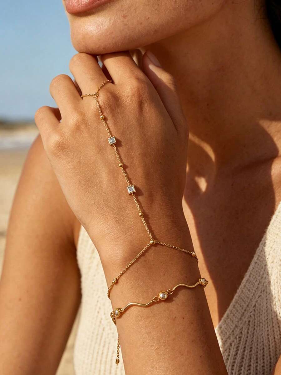Women's Elegant Small Gold Bead Wave Style Finger Chain Bracelet Set, Zirconia Bracelet, Suitable For Travel, Vacation, Holiday Jewelry Gift - Multicolor - View 1