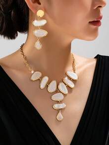 3pcs Exaggerated Asymmetrical Geometric Pendant Necklace & Stud Earrings Set, Suitable For Beach, Vacation, Party, Banquet, Daily Wear - White - View 1