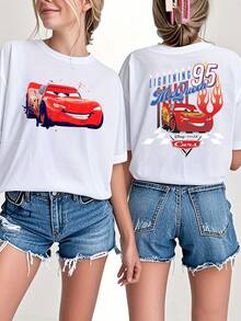 Disney Cars Lightning McQueen IP Co-Branded Double-Sided Print T-Shirt, No.95 Race Car Flame Checkered Flag Design, Classic Disney Series Casual Top - White - View 1