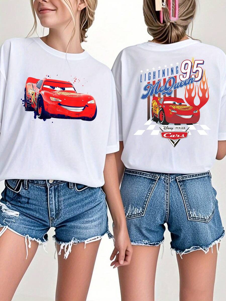 Disney Cars Lightning McQueen IP Co-Branded Double-Sided Print T-Shirt, No.95 Race Car Flame Checkered Flag Design, Classic Disney Series Casual Top - White - View 1