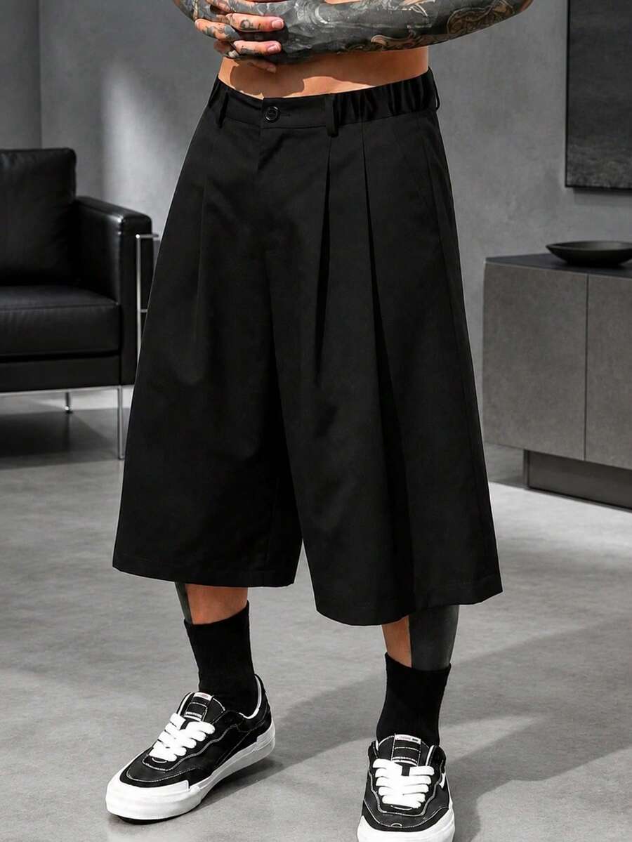 HEYKESON Men's Black Pleated Wide Leg Shorts, Button Waist Casual Street Style Shorts - Black - View 1