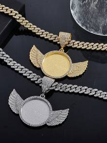 1pc Icy Angel Wing Photo Frame Pendant Necklace With Miami Cuban Chain, Rhinestone-Studded Angel Wing Custom Photo Cuban Link Necklace For Men, Shiny Statement Jewelry For Hip Hop Lovers, Commemorative Keepsake Jewelry, Can Put Your Favorite Photo - Fashion Angel Wings Photo Frame - View 4