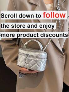 1pc Mini Women Handbag Fashion Solid Color Embroidered Rhombus Pattern Crossbody Bag, Suitable For Holding Card Cases & Keys - Silver - View 2
