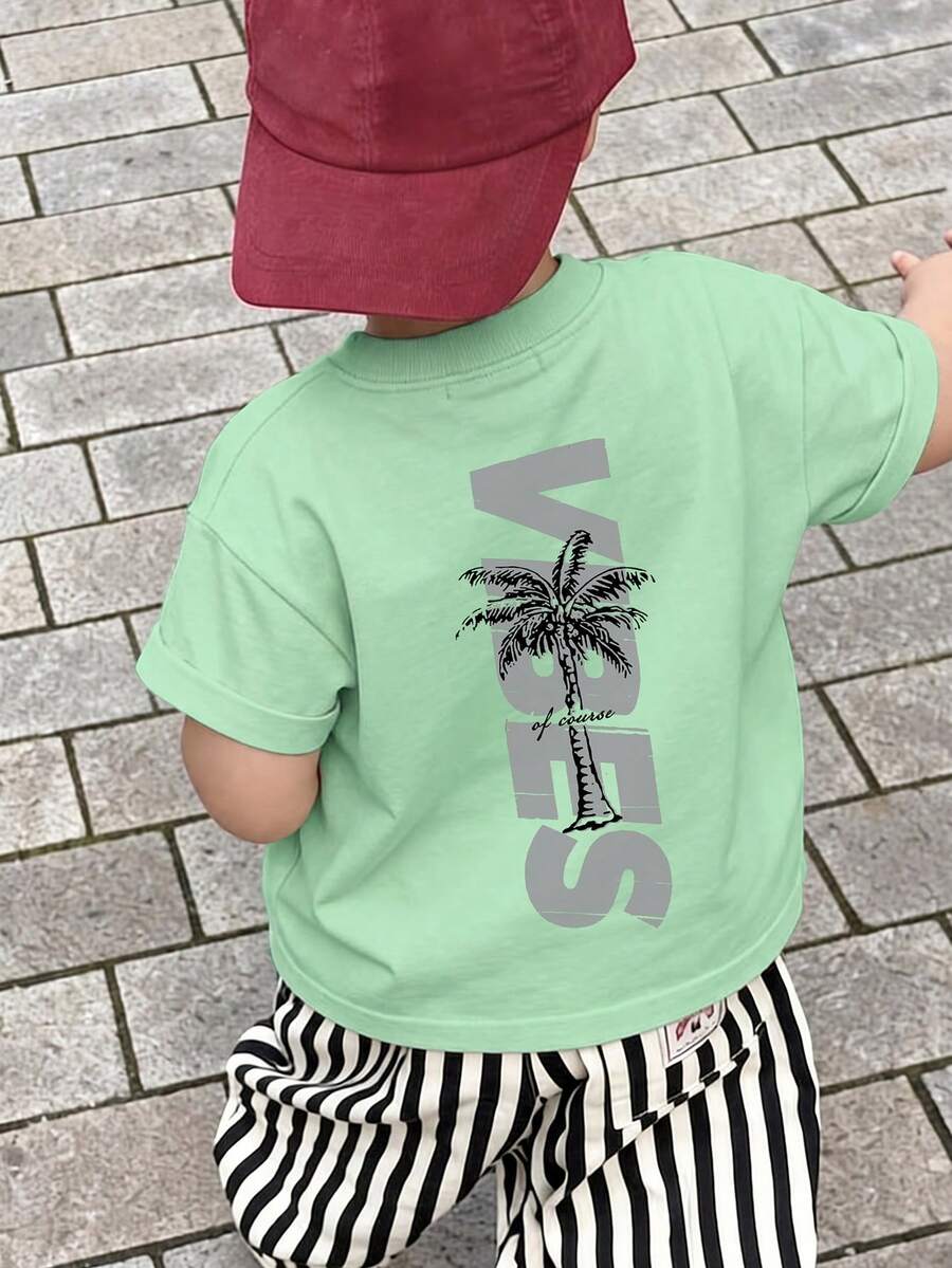 Boys' Coconut Tree Print Round Neck Short Sleeve T-Shirt, Summer