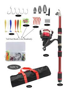 Set de pesca con señuelos y bolsa, equipado con caña de pescar, línea de pesca, señuelos y accesorios - Rojo - Ver 14