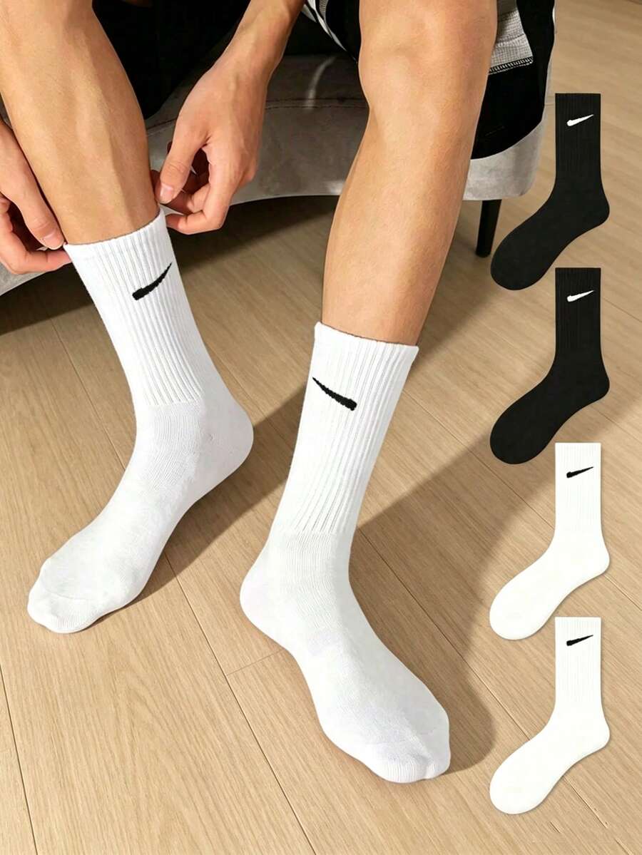 1/4雙男士黑白簡約斜條紋舒適柔軟休閒運動中筒襪,適合日常穿著,條紋設計,適用於派對、禮物及其他場合 - 彩色 - 查看 1