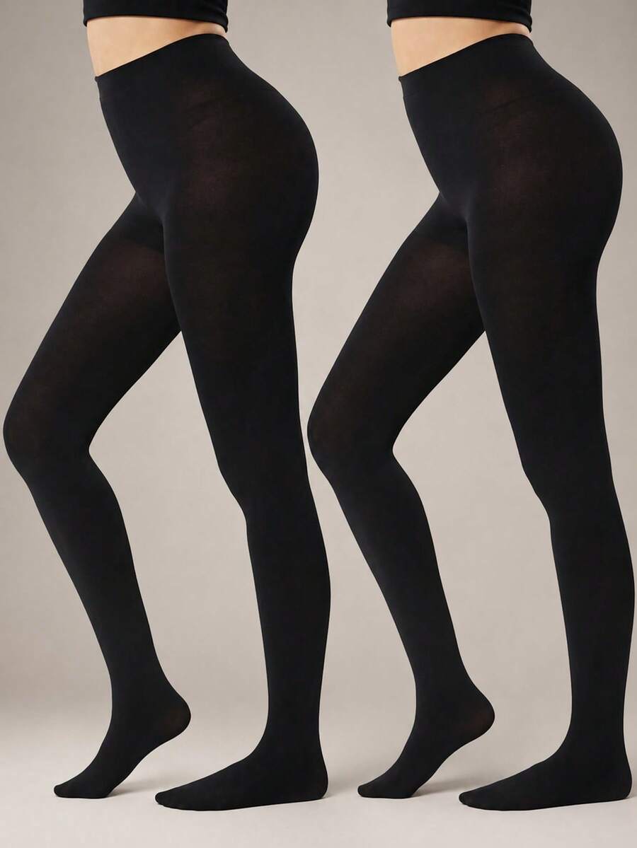 2 Pairs Women's Black Warm Lined Stirrup Tights, Elastic Slim Fit Fleece Lined Pantyhose, Soft Comfortable Tight Socks, Suitable For Spring/Autumn And Daily Wear - Black - View 1