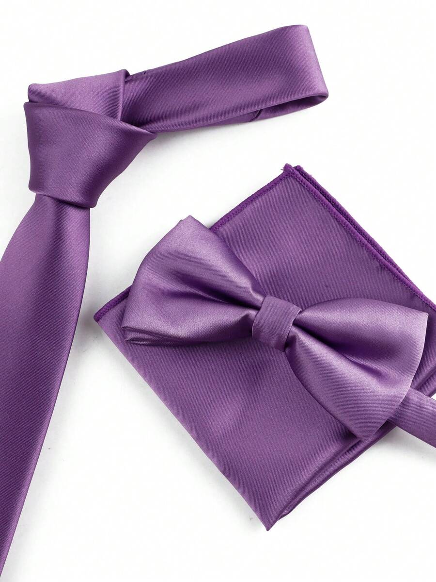 ZLQ&GOU 3 PCS Purple Satin Men's Tie Set, Includes Tie, Bow Tie, Pocket Square, Suitable For Wedding, Party, Formal Occasion, Gift - Purple - View 1