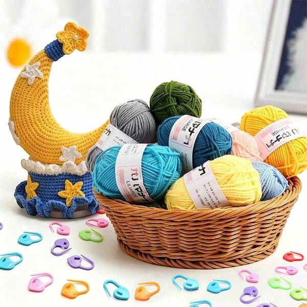 12 Balls X 25g 4-Ply Combed Cotton Yarn Set With 30 Stitch Markers, DIY Knitting Scarf & Doll Material Kit