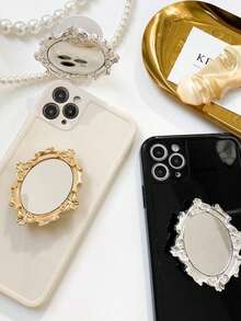 European Vintage Pattern Mirror Creative Phone Stand, Adhesive Foldable Slouchy Desktop Round Mirror Stand, Perfect Phone Gift, Halloween Gift, Christmas Gift, Suitable For IPhone, Android Phones, Birthday Gift, Gift For Family And Friends, Push-Pull Phone Stand, Phone Accessories - Multicolor - View 6