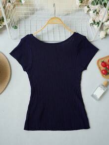 New Solid Color Versatile Slim Fit Waist Cinched Cap Sleeve Knit Top, Spring/Summer - Royal Blue - View 5